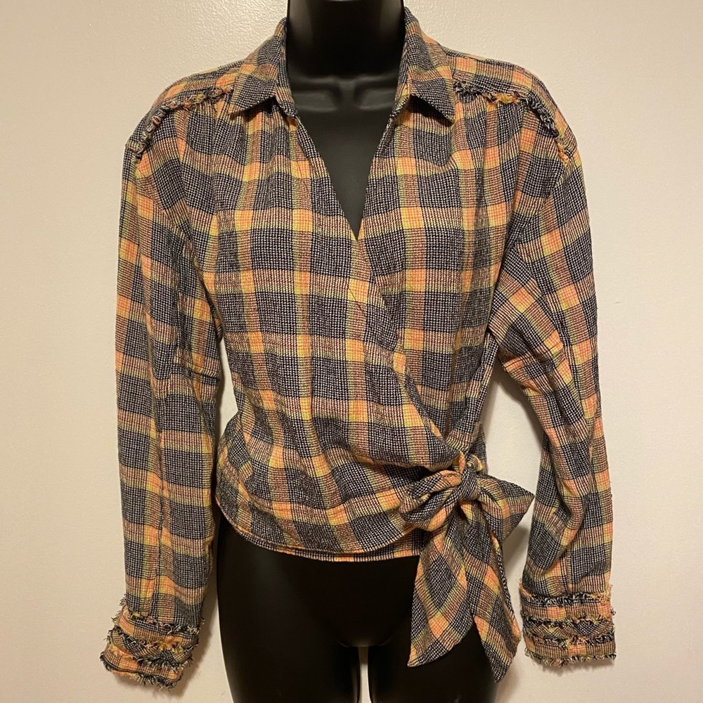 FREE PEOPLE Wrap Blouse Plaid Top SMALL
orange yellow navy white